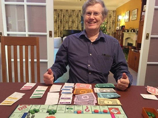 John winning Monopoly, possibly first time ever, Christmas 2018. 