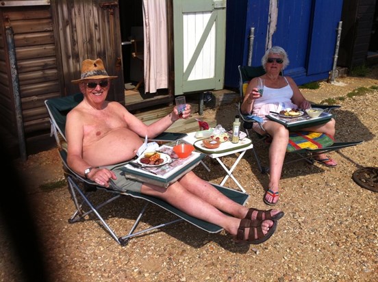 Mum & dad enjoying their beachhut,  while living in  Milford on Sea