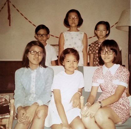 Adeline, seated far right. Visiting cousins in Johor Bahru, ca. 1973