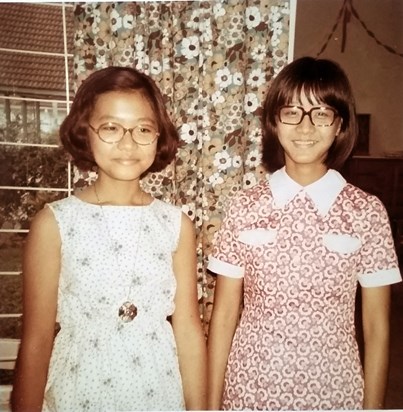 Adeline, right, with cousin Julie in Johor Bahru, ca. 1973
