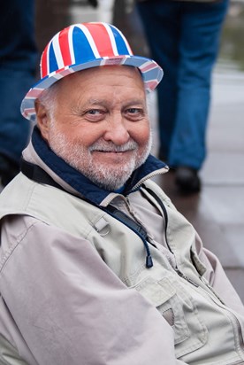 London 2012. Sat waiting for the Diamond Jubilee Flotilla.  Despite the rain, you could always raise a smile from Jim. 