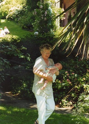 Mum with 4 mth old Eleanor, July 96 (at Portmeirion she loved to visit)   