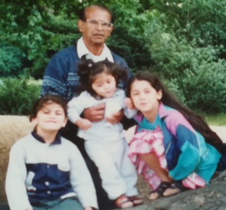 Dad with three of his Grandchildren, Dhara, Sara and Devi