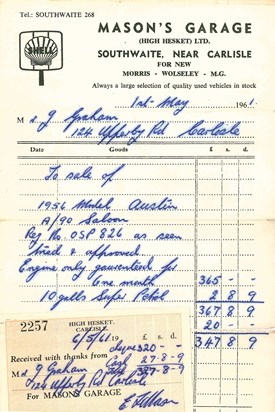 Jeff Graham receipt for Austin A90 Reg No OSP 826 in 1961