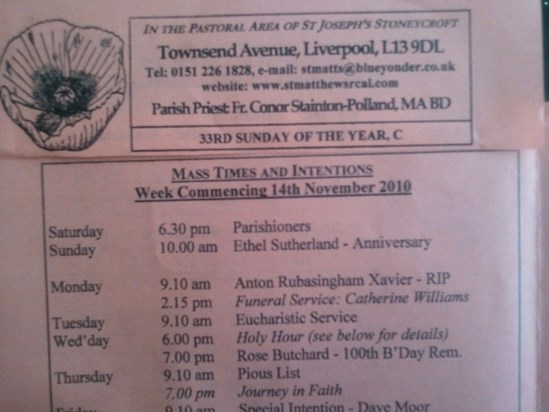 RIP mass offered at 9.10 a.m on 14th November 2010 in Liverpool UK.