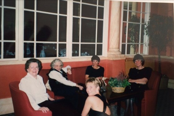 Kitty celebrates with  Elizabeth Chick, Audrey Park and Jill Head and one of the students at an ADStAUAS reunion in Russaks Hotel, St Andrews in 1989