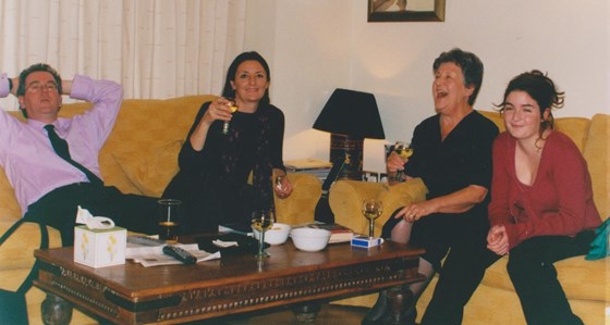 Nick, Lynn, Mum and Annik enjoy a drink at Nick's flat in London, 2001