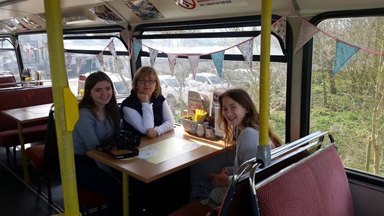 Tea and cake on the bus. Isle of Wight. With Em and Freya 