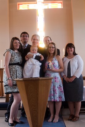 Oliver with Mummy, Daddy and his Godparents