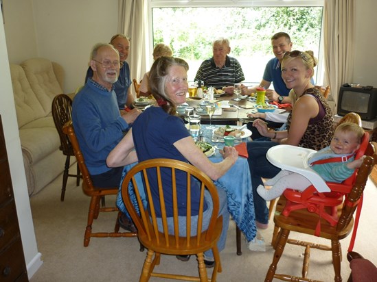 Lunch at Valerie's & Cecil's 2014 - Derek, Chris, (Finlay hidden) Jade, Camryn, Valerie, Cecil, Craig, Doris 
