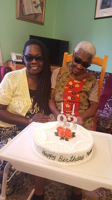 Mom celebrating her 92nd birthday with her daughter Yvonne 2020