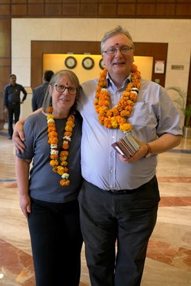 Haileybury India trip 2017 - Chris & Jo (with a stack of pupil passports)