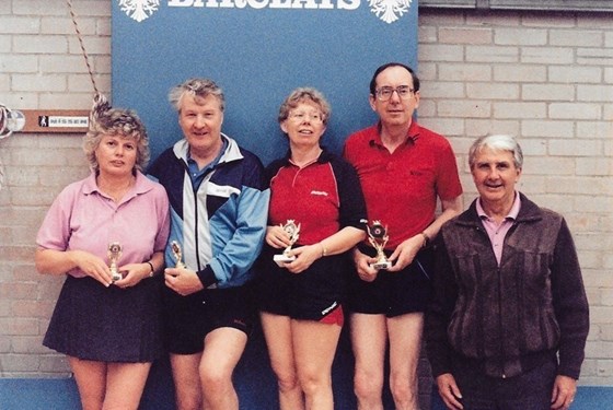 19th May 1991. Essex Closed Harlow. Over 40s XD Runners up Jean Wadling Mike Watts Winners Lesley Radford Peter Radford presented by William Bill Wadling. Photo by Arthur Clark.
