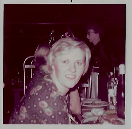 Janet at Swansea University Christmas dinner 1974