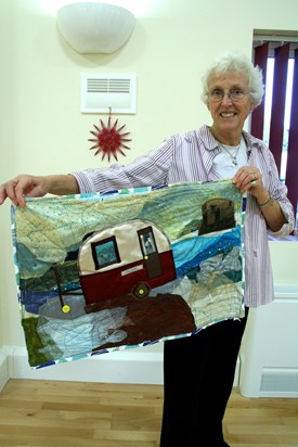 Margot with her textile piece The Mollie made for Back To Books "Invisible Threads" project 2008/9