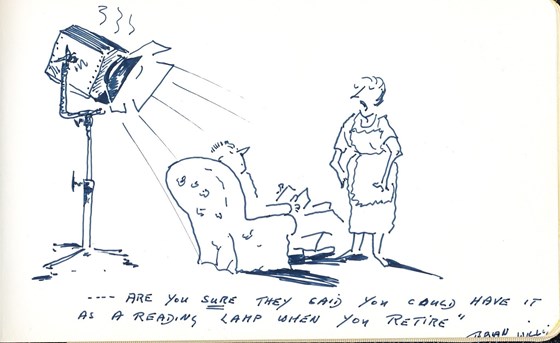 Cartoon by cartoonist Brian Willis. Maurice was very proud of his 'Lighting Engineering' on BBC Northern Ireland broadcasts 