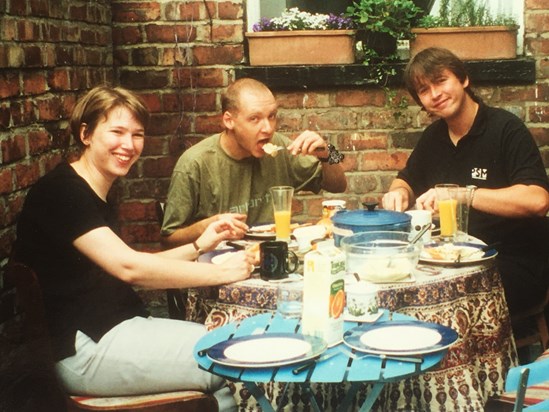 Weekend breakfast in style in Altrincham, 2000.  Helen, Lawrence and Richard