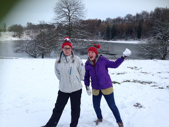 Sarah having fun in snow at Fountains Abbey. Would she dare? Yes she would.