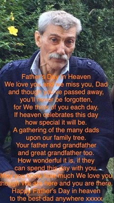 Happy fathers day to the most amazing man that ever walked this earth and now in heaven thank you for everything you ever done for me and for you continued guidance I love and miss you so much Dad till I see you again love you love Leanne ❤️🧡❤️💐🎖