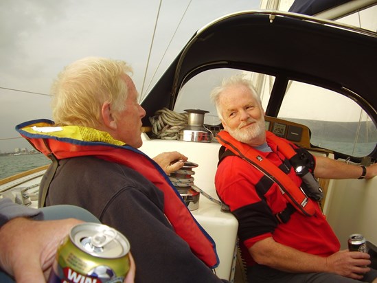 Derek with Dave on Badger badminton's sailing trip June 2011. Can (foreground) a bit of a give-away!