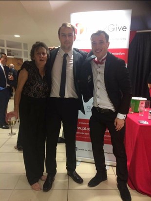 Angela with son Matthew, centre, and Andy, Play2Give 10th Birthday Ball, September 2017