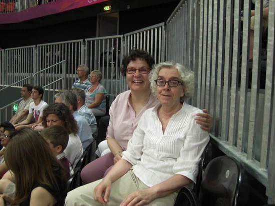 Monica and Taiseer at the London 2012 Olympics, watching the basketball.