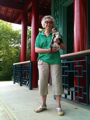 Monica holding nelly at the Pagoda in Victoria Park, around 2012ish