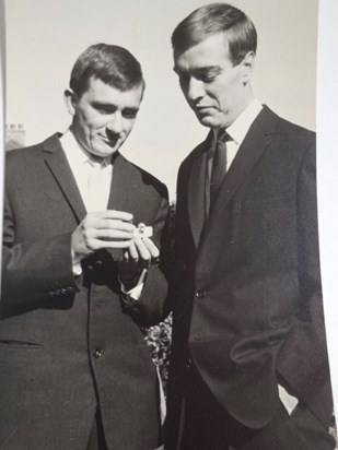 Alan and his bestman Richard Dainty inspecting the wedding ring