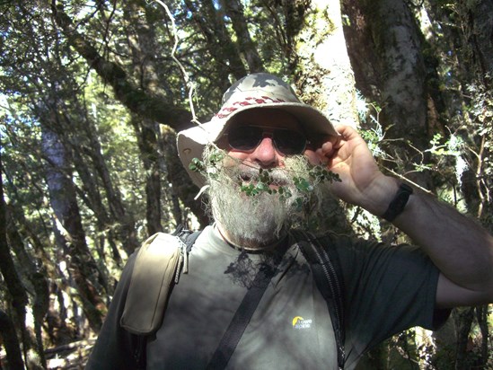 Gordon modelling 'old mans beard', Richea Valley, Mt Rufus, LSC, Tas 2007