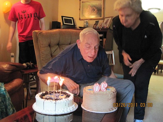 Irv's 90th, Blowing candles with Eileen