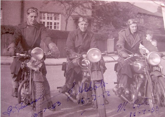 Dad with friends (L Abbot & M Cole) on bikes 10 July 1953