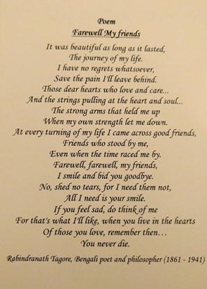 Farewell My Friends (read during the funeral service)