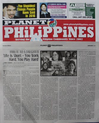 Planet Philippines, another newspaper in English in Toronto, also carried Evelyn's story in its January 2017 issue.
