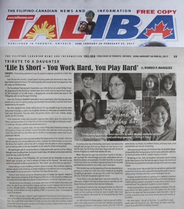 Taliba, a newspaper in Tagalog in Toronto, published Evelyn's story in its January 2017 issue.