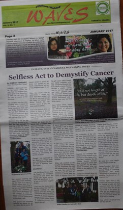 Waves newspaper of Toronto carries Evelyn's full-page story on its page 2.