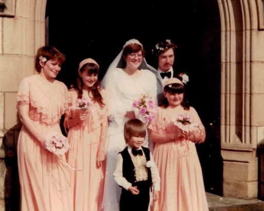 Sandra as a bridesmaid at her brother's wedding (Arthur Pollitt) (photo taken in 1982)