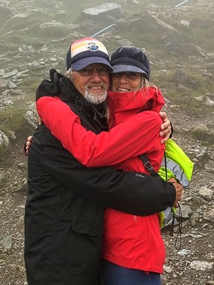 Peter and Alison celebrating their 50th wedding anniversary at the top of Snowdon where they'd first met.