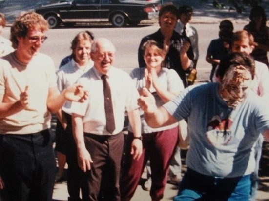 Wayne (left), laughing at John Hylton, with Dr. Earle Louder, others, at Morehead St. U..
