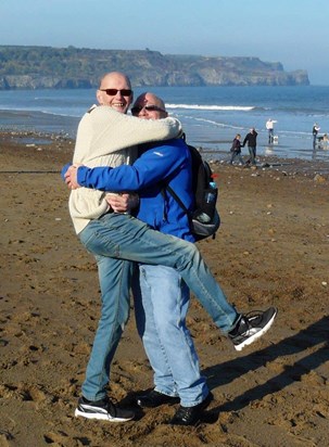 Steve and Rob having a cuddle in Whitby
