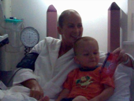 Sam in hospital.  Her nephew Jake came to visit.