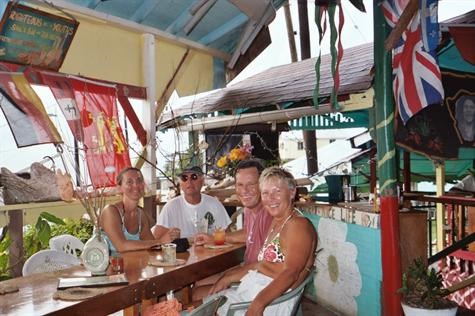 June 2005--Windward Islands.  Jamie, John, Gar & Char at Righteous Roberts Snack Bar & Tea Room.