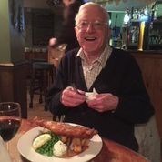 Dad enjoying his favourite fish & chips, washed down with a nice Merlot x