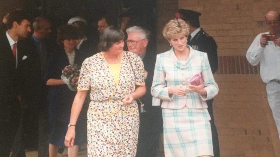 Susan with Princess Diana during her visit to St. Margaret's Hospice, Taunton (1993)