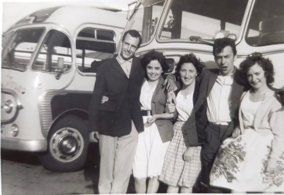 L-R, Best Friend Les; unknown; wife to be Betty; Eddie; little sister Ruth c1960s