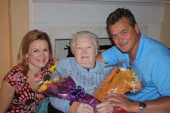 Joy on her 90th birthday with Anne and Derek