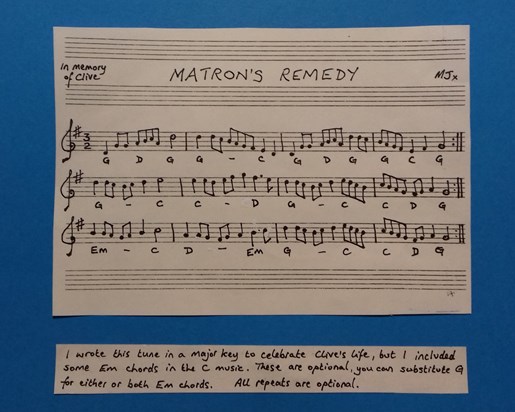 Matron's Remedy (for Clive) I hope there will always be music and dancing in your heart.  MJx