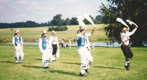 Clive dancing with Hexham Morris at a Shrewsbury Morris weekend in 1993. 