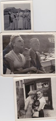 Brenda and Renee with Mary Fawcett and an ice-cream in 1954, with her dad in Looe 1953, and with Renee and Chu Chou 1953