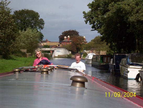 Angie at the helm of a 60ft narrowboat!
