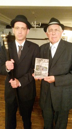 James and Jimmy, gangsters, larking around at the launch of 'Born to be Evil', 2015